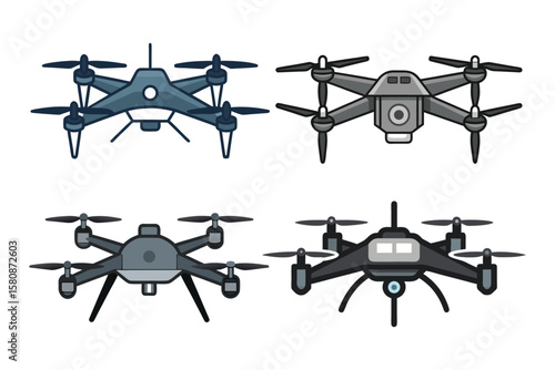 Single stylized drone with four propellers, solid dark grey color eps