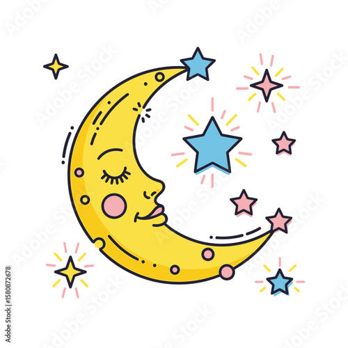 A cartoon crescent moon with a smiling face, surrounded by stars and fireworks, depicts a peaceful night sky.