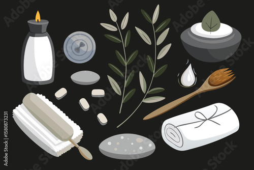 spa essentials smooth grey stones, rolled white towels, wooden massage brush, candles, glass jar with bath salts eps