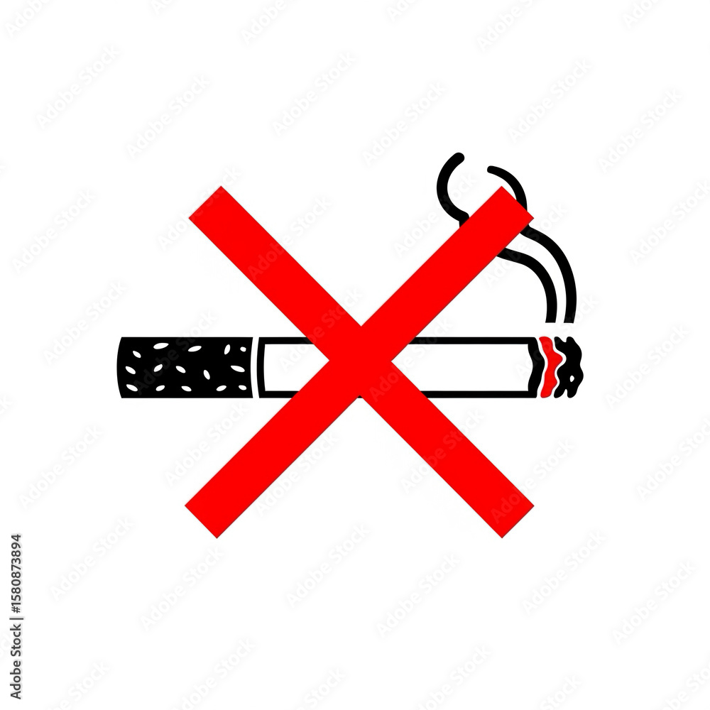 Obraz premium No Smoking, Cigarette silhouette crossed with red line, smoking forbidden icon, white background