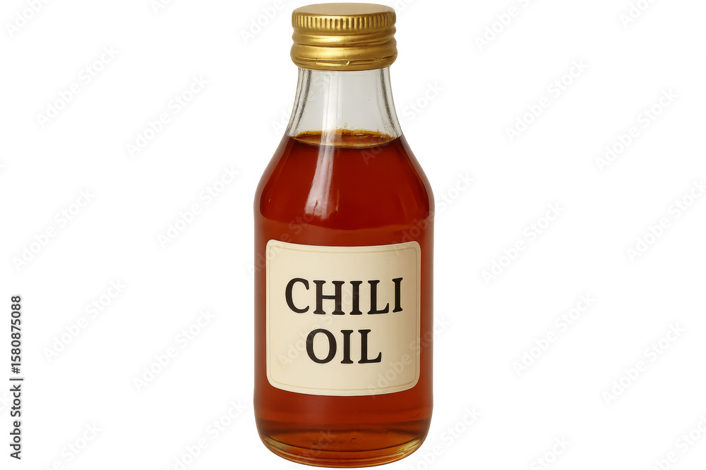 Small glass bottle containing chili oil on transparent background Small glass bottle containing chili oil on transparent background