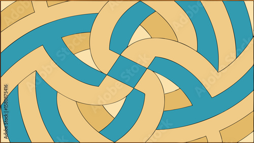 Abstract geometric pattern with interlocking curved bands in blue and tan