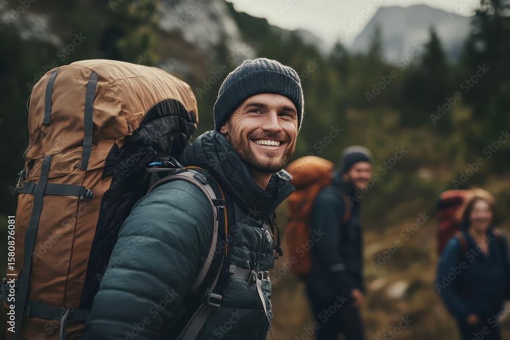 Hiking man smiling with backpack outdoors Hiking man smiling with backpack outdoors