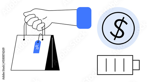 Hand clutching bag with percentage tag, dollar coin symbolizing cost and savings, battery denoting energy or budget conservation. Ideal for shopping, sales, discounts, trade, economy, productivity