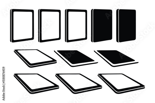 Collection of stylized black and white digital tablet icons in various perspectives and orientations on a clean white background