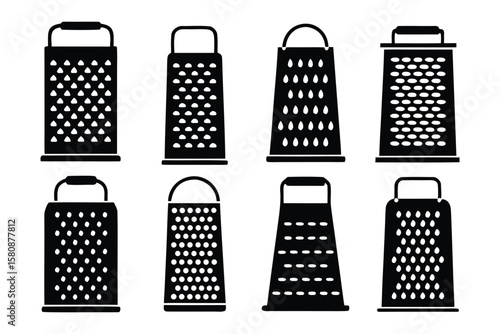 A collection of eight black silhouette icons representing various types of kitchen graters with different hole patterns and handle designs on a white background
