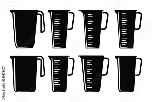 Collection of black silhouette measuring cups with graduated markings and handles on a white background