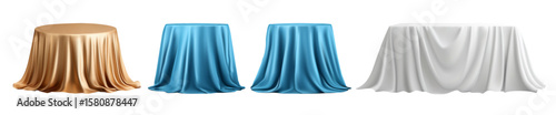 Round and rectangular tables covered with silky gold, blue and white fabric folds, isolated on transparent background for elegant mockups. Vector