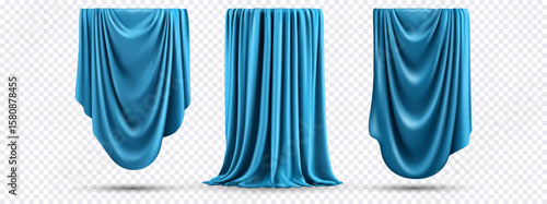 Three silky blue curtains hang and pool realistically, isolated on transparent background, perfect for product unveilings, design presentations, or advertisements.