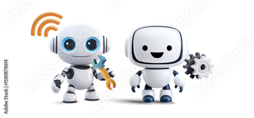 High-resolution 3D vector of two white-blue service robots. One lifts a golden wrench beneath an orange wifi signal, the other shows a silver gear, signifying AI maintenance, automation and connectivi