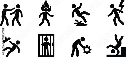 Black stickman emergency silhouette icons showing danger scenarios like fire, falling, electrical hazard, and emergency escape