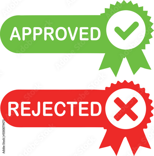 Approved and rejected badge icons with checkmark and cross symbol