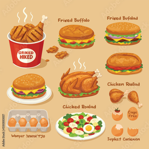 Collection of Delicious Fried and Roasted Chicken Dishes Eggs and Salad	