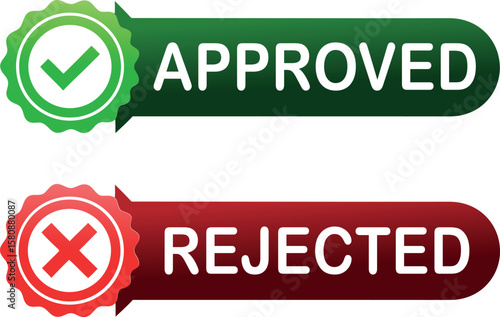 Approved and rejected vector buttons with checkmark and cross symbols