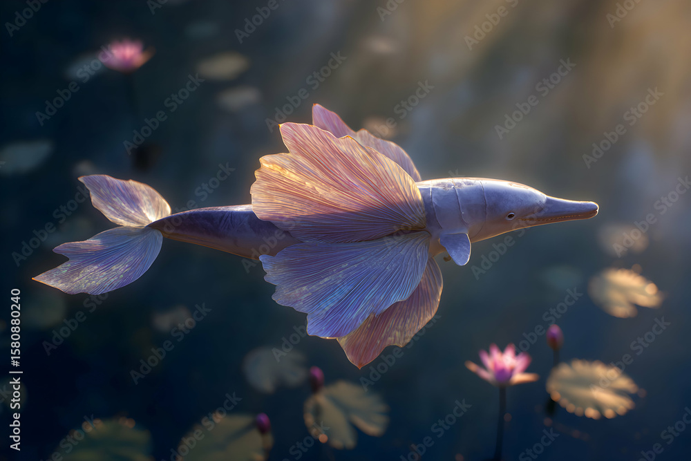 Obraz premium Delicate harmony of nature captured in a serene underwater scene with a graceful dolphin and colorful lotus flowers