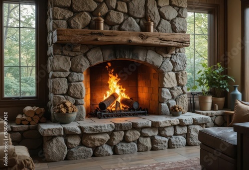  Primal Warmth Stone Fireplace with Rough Hewn Stone, a Roaring Fire, and Golden Brown Glow Creating a Natural Indoor Landscape