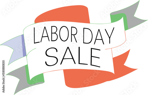 Festive red and blue ribbons adorn a bold inscription celebrating labor day with a special sale announcement perfect for promotional materials and holiday marketing campaigns