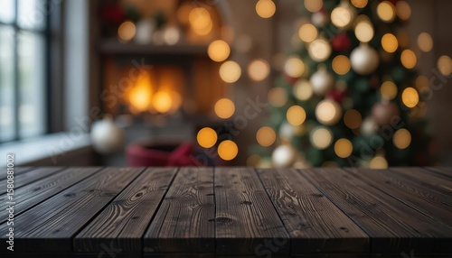  Elegant Christmas Presentation Dark Wooden Tabletop with Defocused Festive Setting