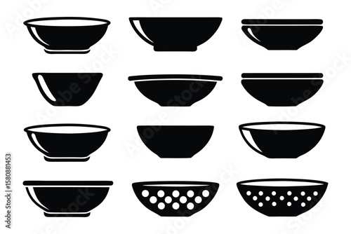 A collection of black silhouette icons featuring various styles and sizes of bowls and colanders on a white background