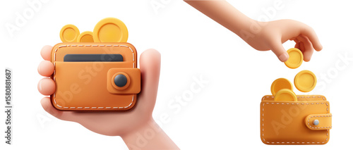Cute 3D vector illustration of hands saving golden coins into a brown leather wallet, symbolising budgeting, finance, cash handling and personal savings. 