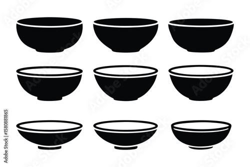 A collection of nine identical black silhouette bowls arranged in a three by three grid on a white background showcasing a simple design