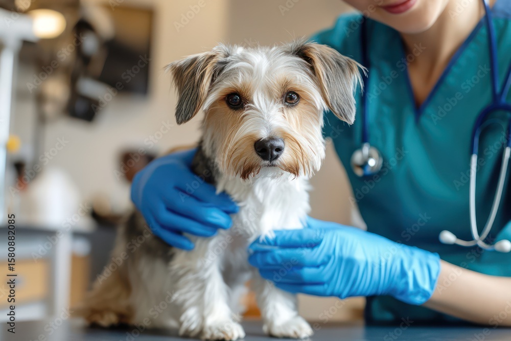 Vet checks dog with gloves during exam Vet checks dog with gloves during exam