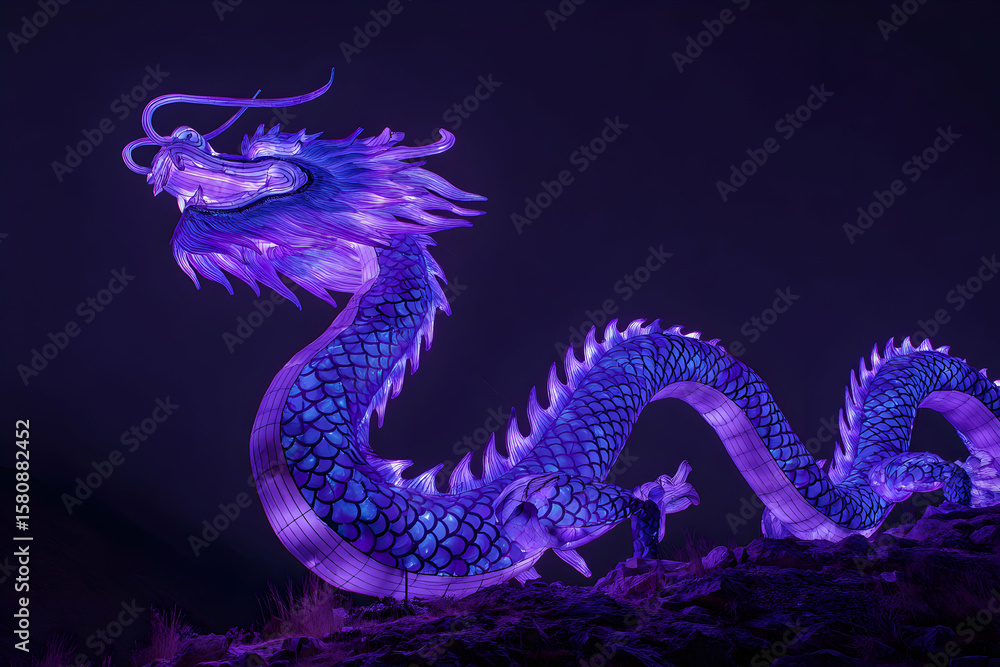 Fototapeta premium Giant illuminated dragon sculpture showcasing cultural significance at night festival beneath a dark sky