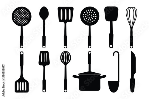 A collection of black silhouette kitchen utensils including spatulas whisks ladles and a pot presented on a white background