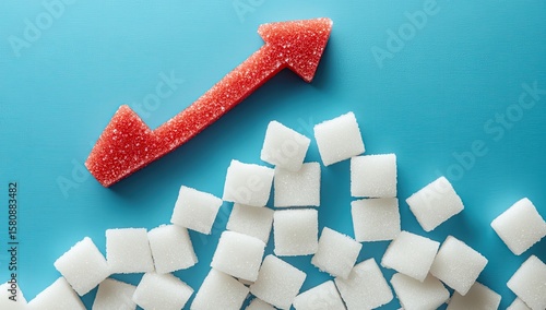 Red arrow pointing upward over a pile of white sugar cubes on a light-blue surface