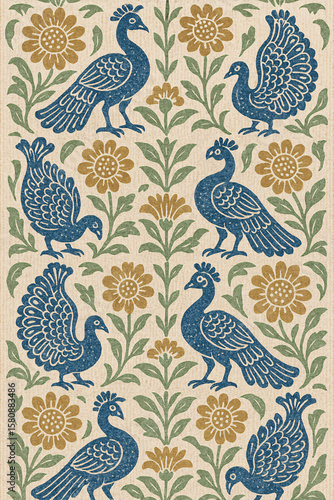 Ornate Vintage Peacock and Floral Seamless Pattern Design