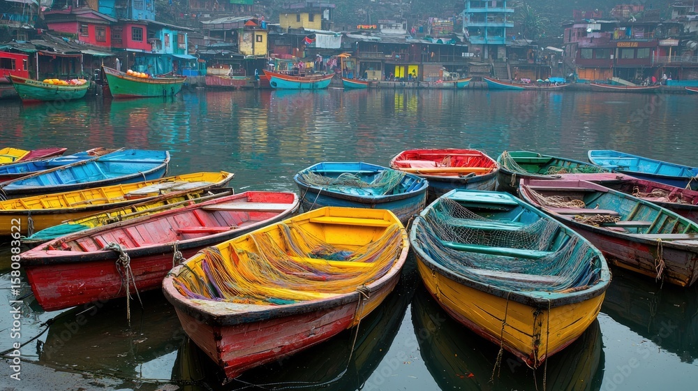 Obraz premium Colorful boats docked at a lakeside village.