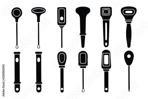A collection of black silhouettes of various kitchen utensils and tools displayed against a white background