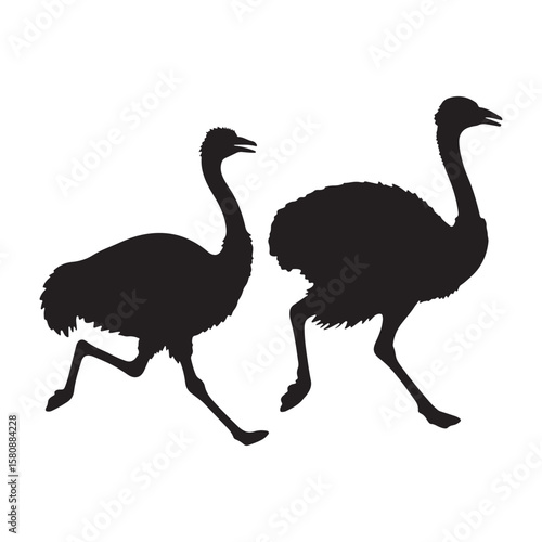 Two black silhouettes of emus running side by side on a white background