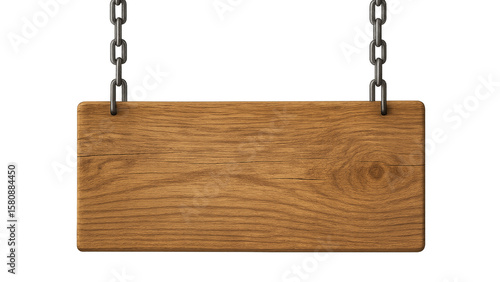 Wooden sign held up with a Chains. Transparent wooden sign. Wooden sign
