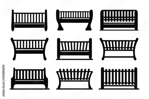 Collection of nine black silhouette icons representing various styles of park benches with slatted seats and backs on a white background