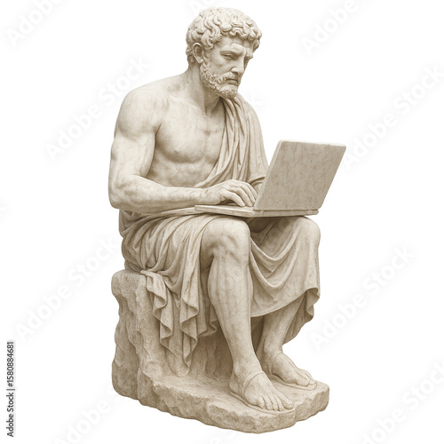 Ancient Greek Statue Using A Laptop. Ancient Roman Statue. Greek statue using a laptop