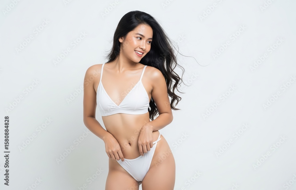 Fototapeta premium Fit Indonesian model in her 20s wears white bra and panties while posing seductively in white photo studio