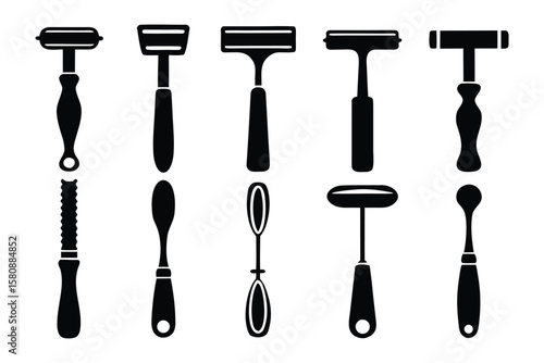 Collection of black silhouette icons representing various grooming and personal care tools including razors spatulas and massagers