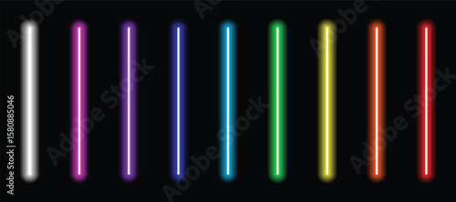 Luminous neon lines isolated, lights lines set with all colors, retro led neon lamp tube, glowing laser beams streaks on dark background