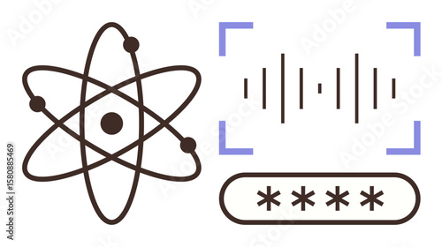 Atom structure representation, voice recognition soundwave, and password text field highlight technological innovation and cybersecurity. Ideal for technology, education, authentication, security