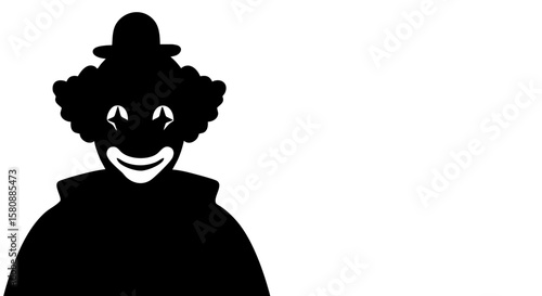 A silhouette of a clown, rendered in stark black and white, exudes an eerie yet playful vibe. 