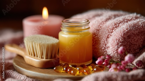 Relaxing spa setting with candles, skincare products, and soft towels for a soothing experience