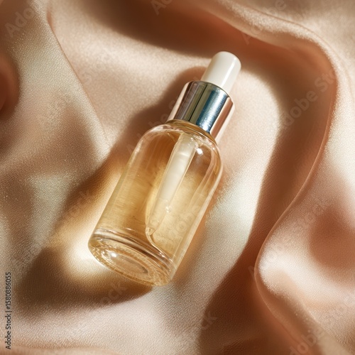 Droplet bottle on silky fabric showcasing a skincare product and its luxurious essence