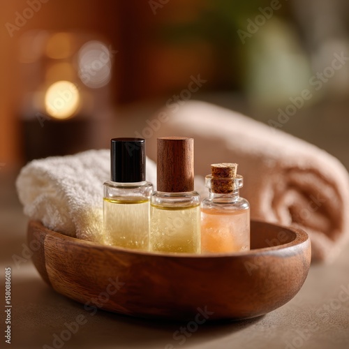 Essential oils and bath accessories arranged on wooden tray for a relaxing spa experience in a serene environment