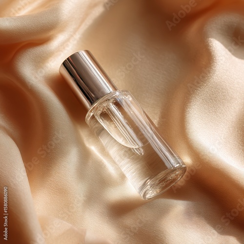 Elegant glass bottle sits on soft silk fabric with gentle light highlighting its clarity and design during golden hour