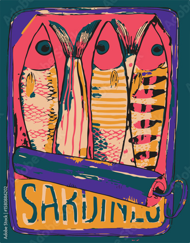 illustration of Canned food, canned fish, sardines, mackerel, hand drawn, poster, print, summer, tropical