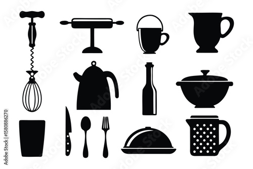 A collection of black silhouette icons featuring various kitchen utensils and dining accessories on a white background