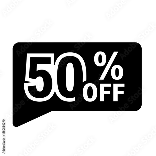 Fifty percent off sign in black speech bubble.