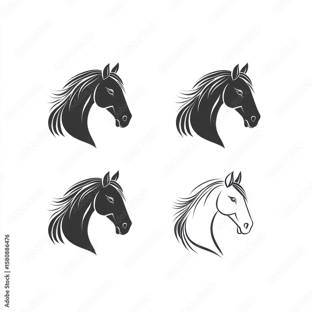 Obraz premium Four horse head silhouettes, two black and two white
