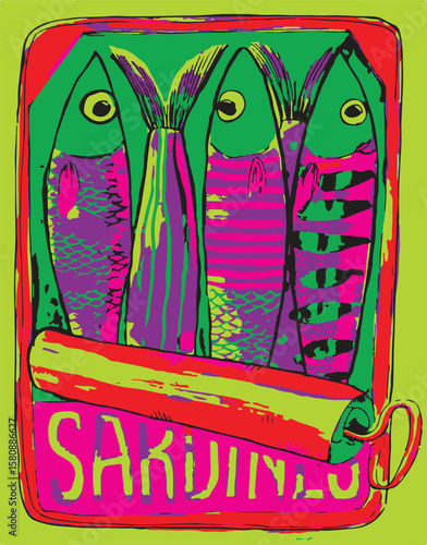 illustration of Canned food, canned fish, sardines, mackerel, hand drawn, poster, print, summer, tropical